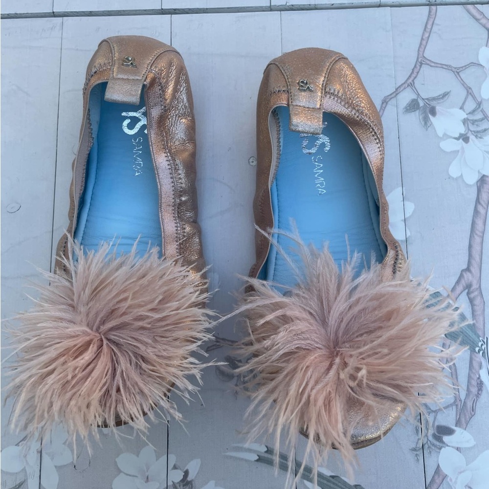 SAS Samba Metallic Rose Gold Ballet Flats with Feather Pom